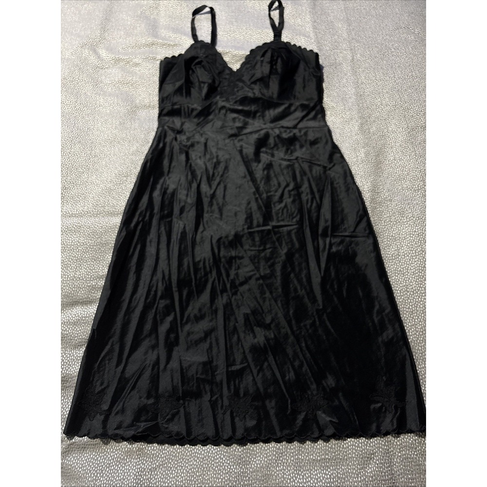 Vintage Shadowline Full Slip Dress Size 36 Black Nightie Sexy Nylon Peplum Trim